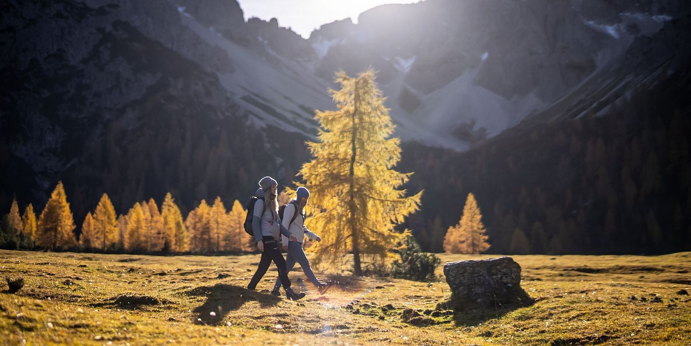 Zwei Wanderer im Herbst in den Bergen mit goldenen Lärchen und schneebedeckten Gipfeln im Hintergrund.