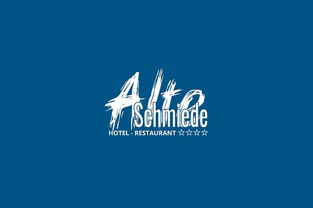 Logo of 'Alte Schmiede' hotel and restaurant on a blue background.
