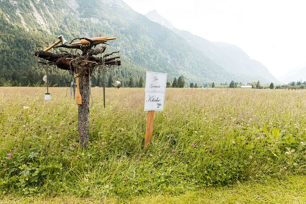 A grassy field with mountains in the background and a wooden sign in the foreground.