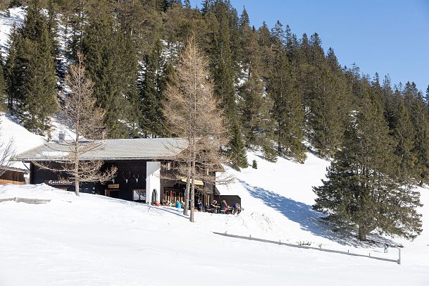 Winterlandschaft mit Holzhaus, umgeben von Schnee und Nadelbäumen.