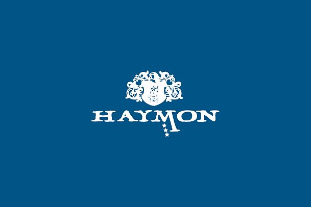 Logo of HAYMON in white on a blue background with decorative elements.