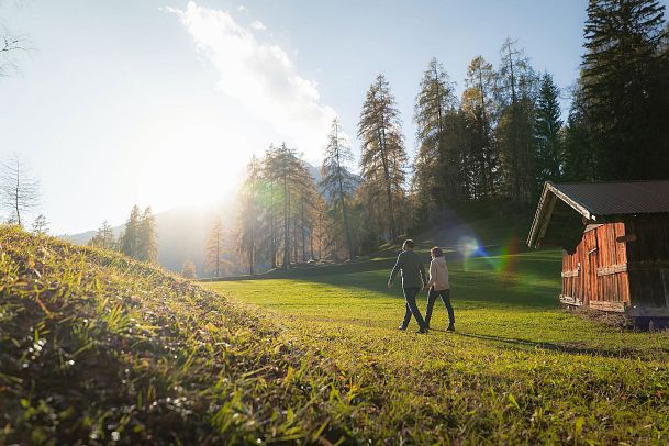 herbstwanderung-am-oberen-wiesenweg-paar-laeuft-auf-wiese-vor-holzhuette-aufnahme-gegen-die-sonne-8