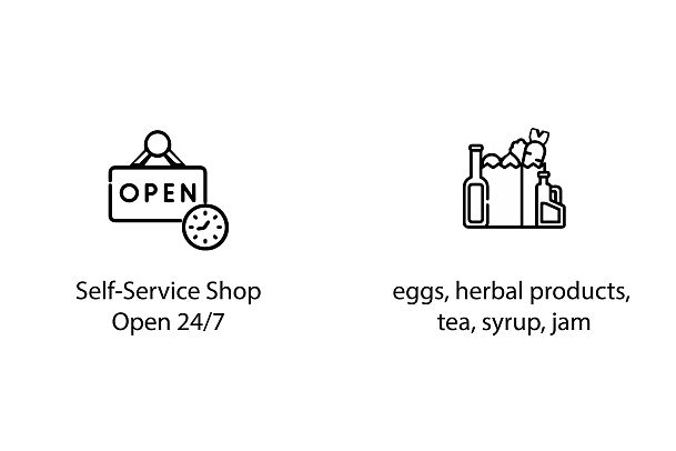 Self-service shop sign saying 'Open 24/7' with icons of eggs, herbal products, tea, syrup, and jam.