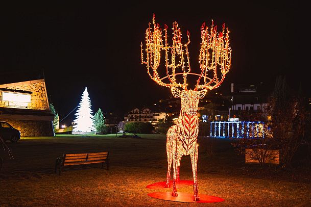 Beleuchtete Hirschfigur in einer winterlichen Umgebung, im Hintergrund ein Weihnachtsbaum.