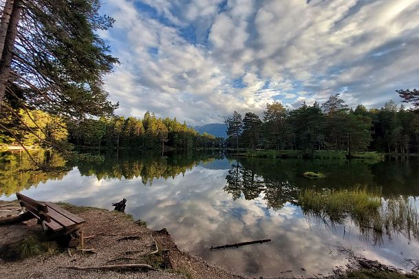 Ruhiger See mit Baumspiegelungen und Wolken am Himmel.