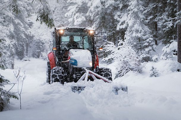 Schneepflug räumt Schnee auf Waldweg, umgeben von verschneiten Bäumen.