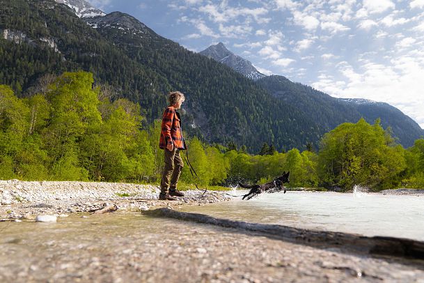 Spaziergang mit Hund in Unterleutasch - Hund spricht ins Wasser an der Leutascher Ache