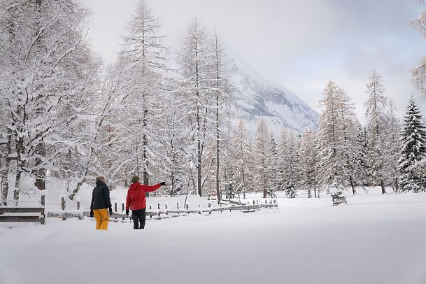 Winterwandern Paar Oberer Wiesenweg Mann zeigt auf etwas Hohe Munde im Neben im Hintergrund