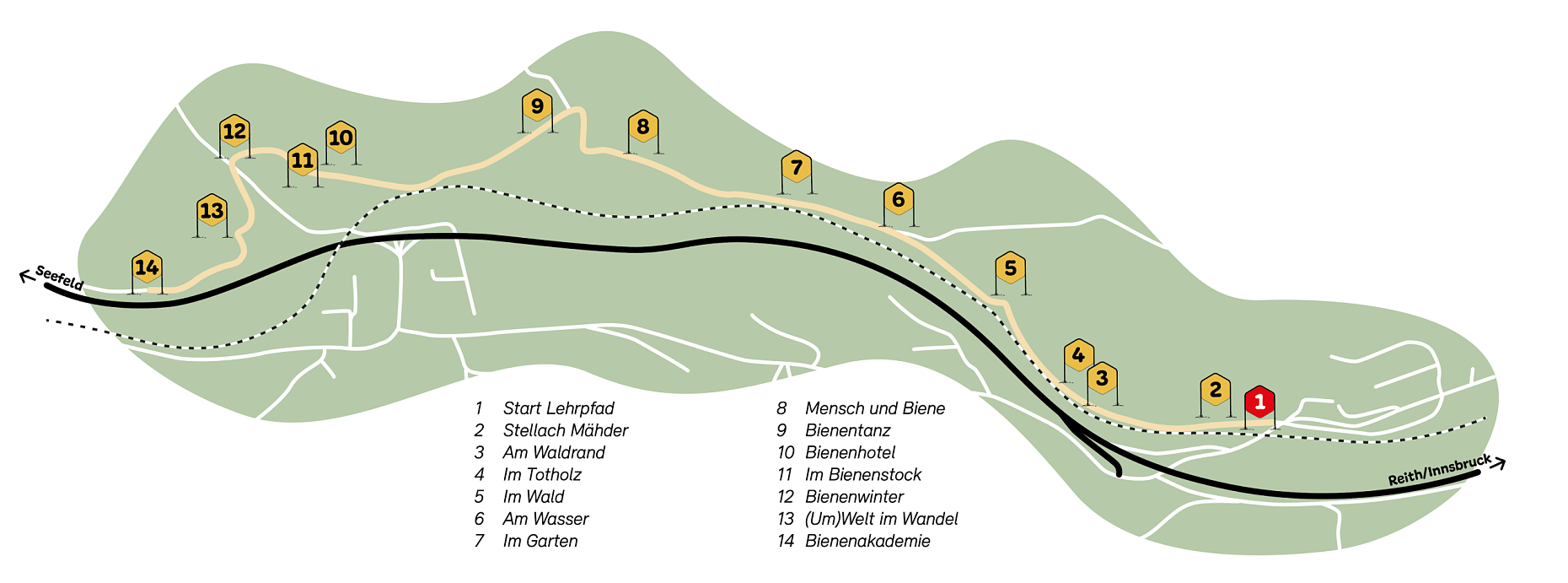 Karte des Lehrpfades 'Mensch und Biene' mit 14 Stationen in einer grünen Landschaft.