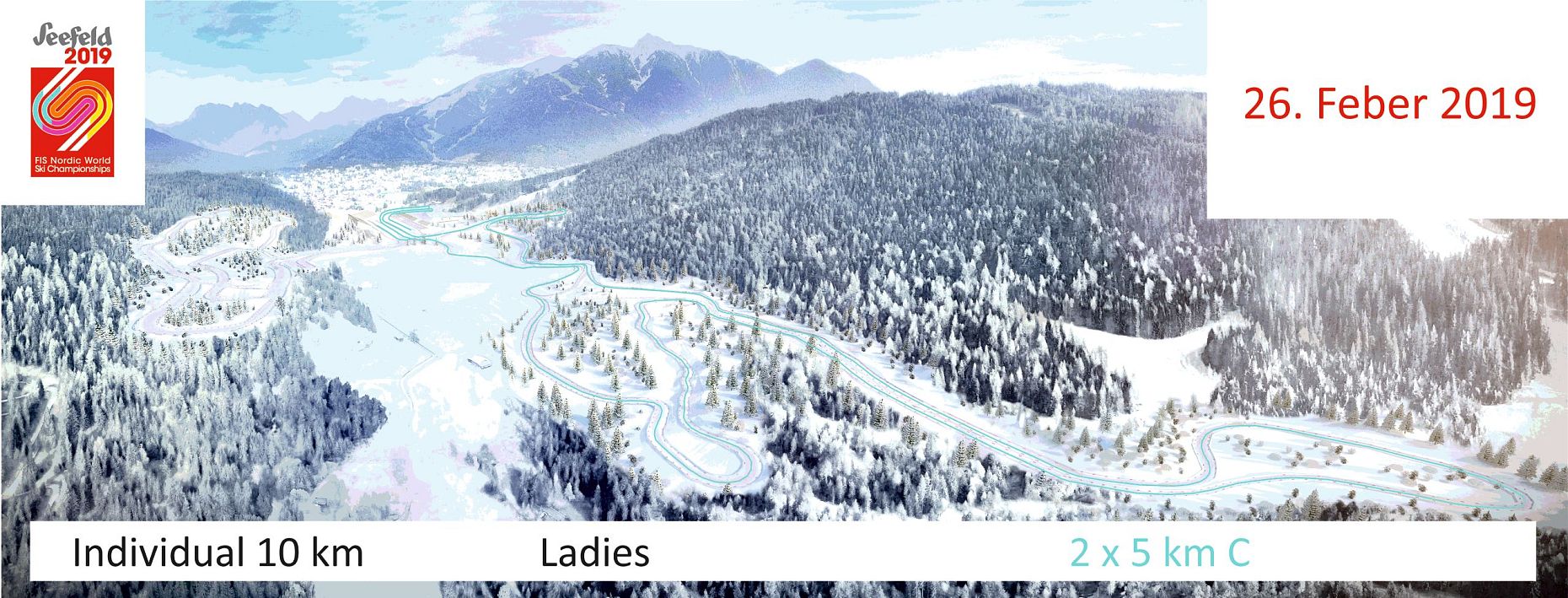 Panorama invernale con montagne e foreste innevate, e percorsi per una gara di sci.