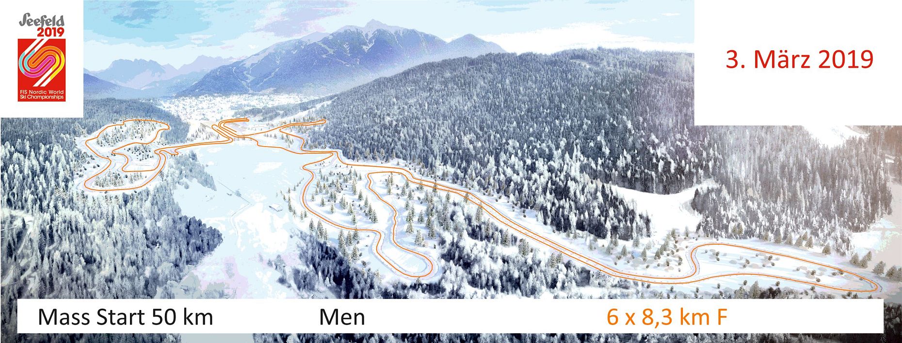 Paesaggio innevato con strade tortuose tra alberi e montagne.