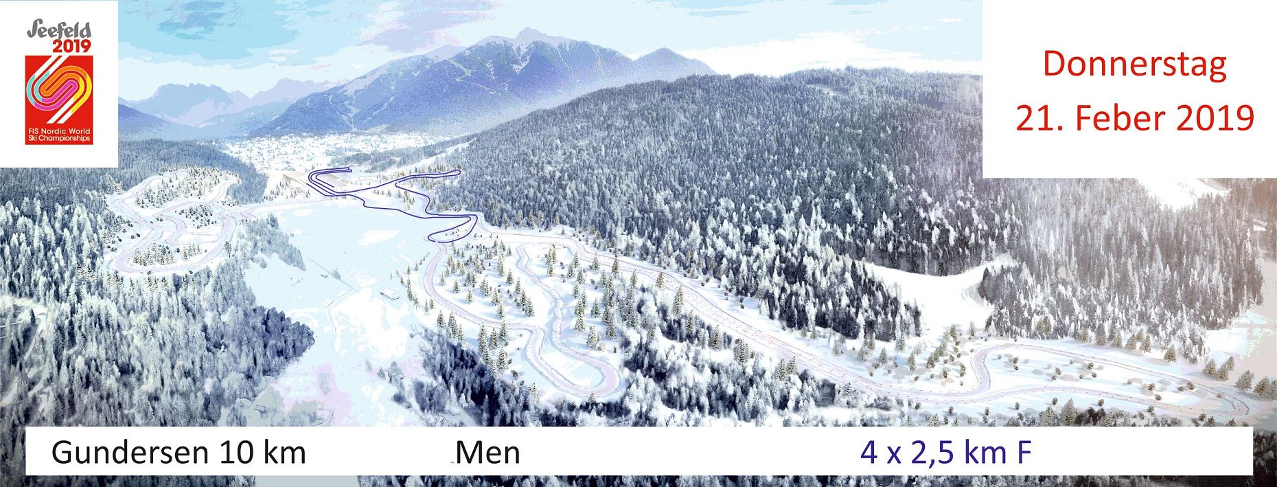 Paesaggio innevato con montagne e un percorso per una gara di 4 x 2,5 km.