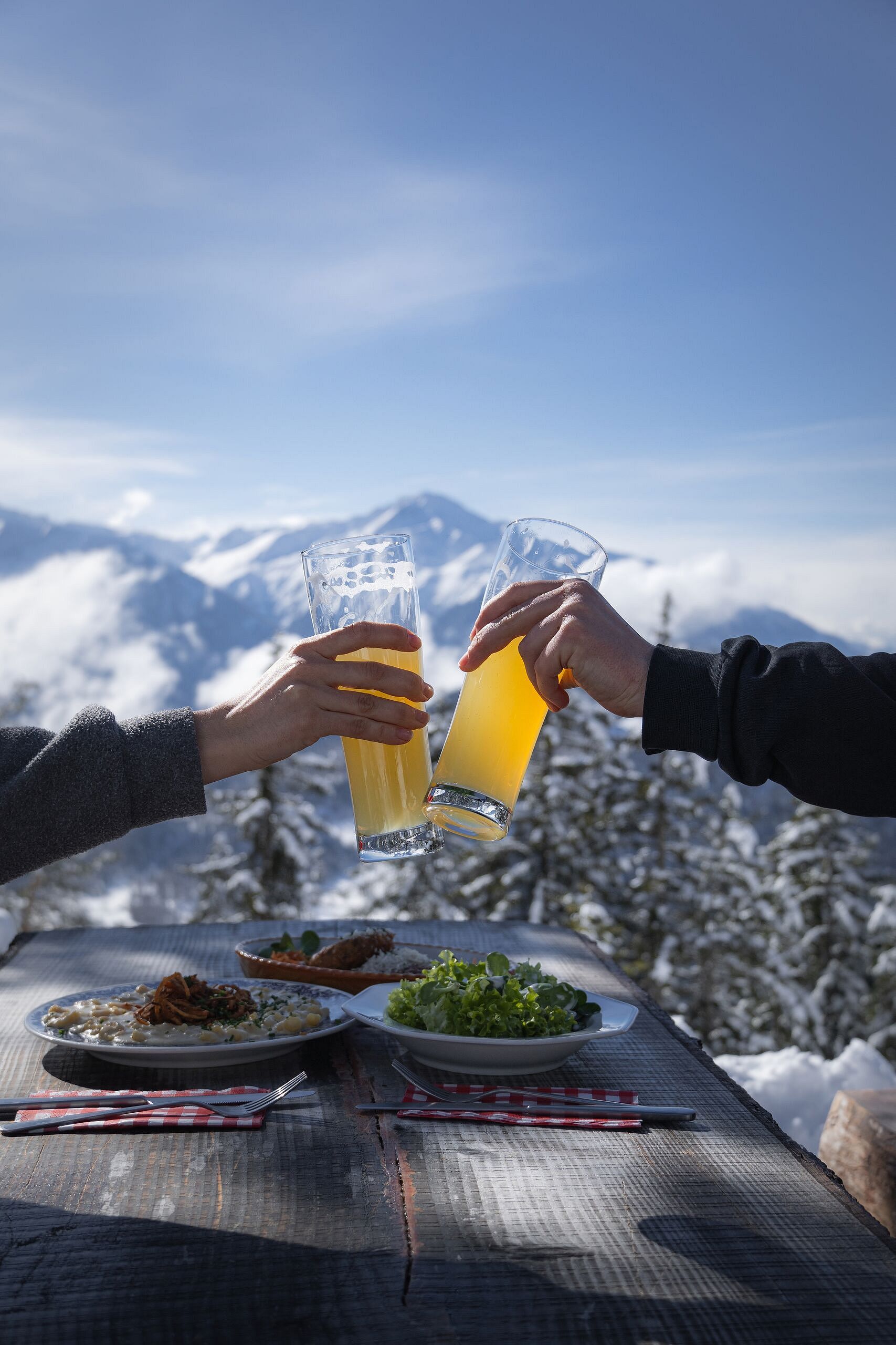 Reitherjoch Alm - Personen stoßen mit Bier an Detailaufnahme