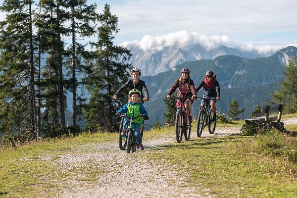 Familie mit zwei Erwachsenen und einem Kind beim Radfahren auf einem schmalen Weg in der Natur.
