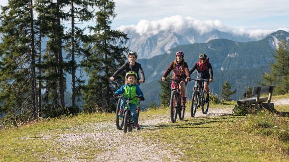 Familie mit zwei Erwachsenen und einem Kind beim Radfahren auf einem schmalen Weg in der Natur.