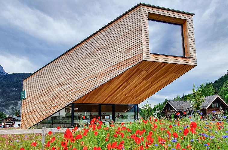 Modernes Gebäude mit schiefer Holzfassade vor blühendem Feld mit roten und blauen Blumen.