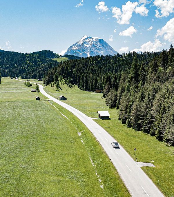 Un paesaggio montano con un prato verde e una strada che si snoda tra gli alberi.