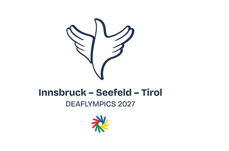 Logo of Deaflympics 2027 with wings and text.