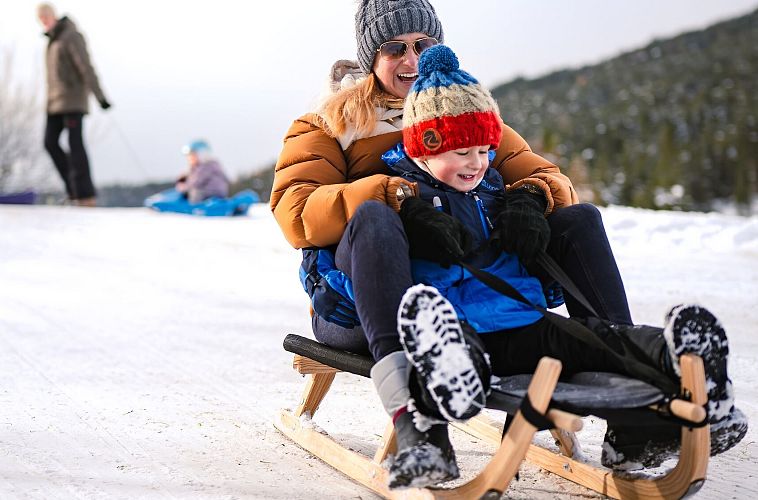 Mother and child sledding in snowy landscape, winter fun.