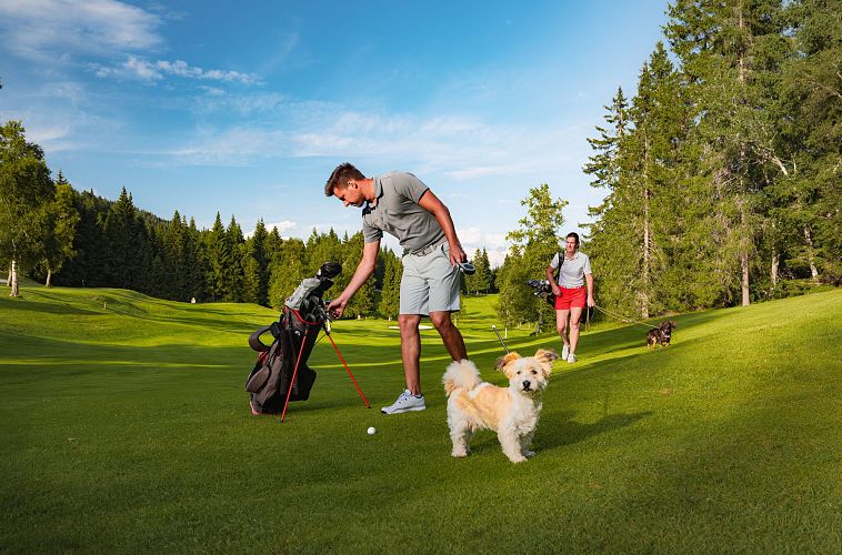 Mann spielt Golf mit einem Hund auf einem grünen Golfplatz.