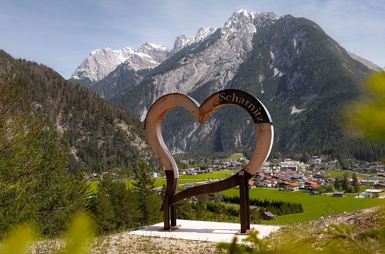 Hölzernes Herz am Mühlberg in Scharnitz - Perspektive durch Gebüsch