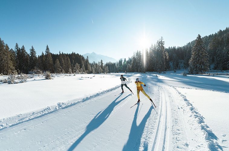 Zwei Langläufer auf einer verschneiten Spur in der Region Seefeld, umgeben von Bäumen und strahlendem Sonnenschein.