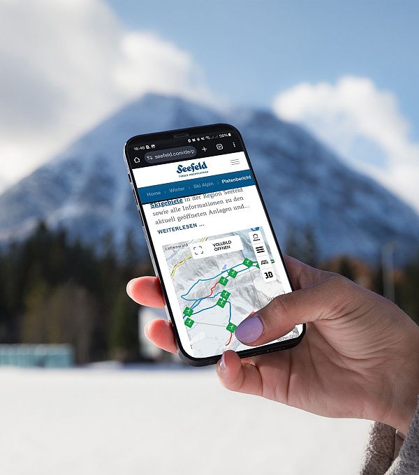 Hand hält Smartphone mit Karte, schneebedeckte Berge im Hintergrund.