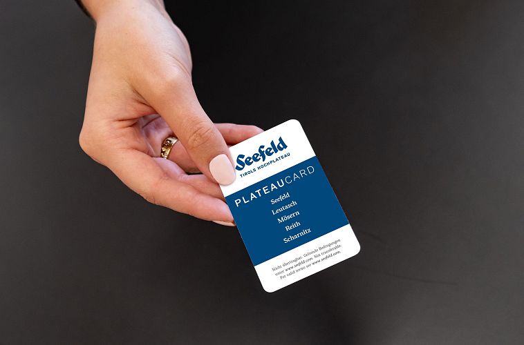 Eine Hand hält eine Karte mit der Aufschrift 'Seefeld' und verschiedenen Begriffen.