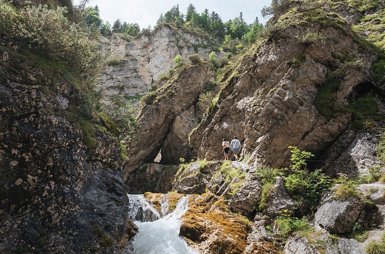 Rocky landscape with a stream flowing between cliffs, surrounded by greenery.
