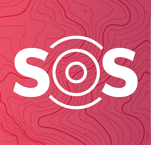 SOS-Symbol in großen weißen Buchstaben auf rotem Hintergrund.