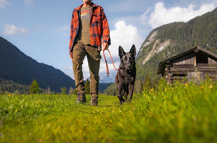 Mann mit Hund an der Leine auf einer Wiese, im Hintergrund Berge und eine Holzstruktur.