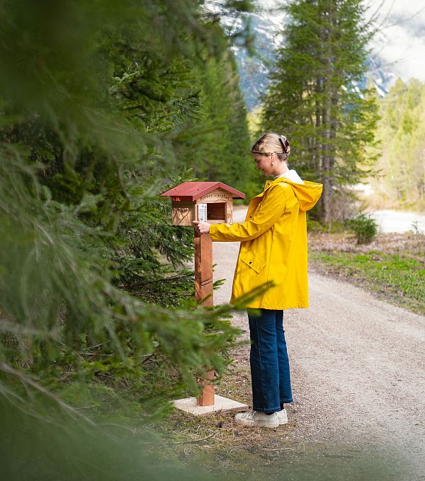 A woman in a yellow raincoat standing next to a mailbox on a forest path.