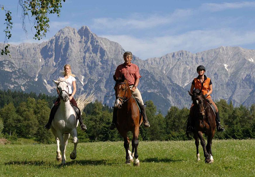 Drei Reiter auf Pferden in einer grünen Landschaft vor Hochgebirgen.