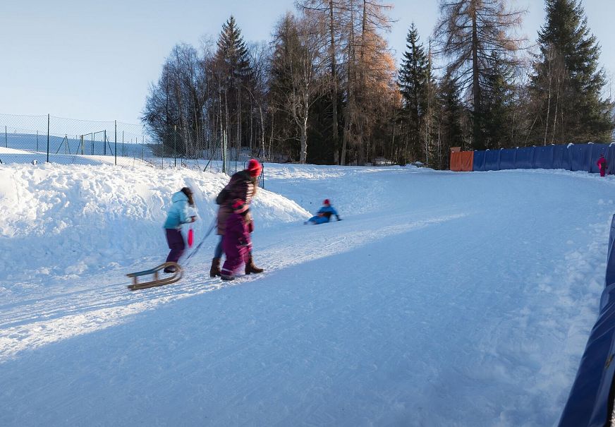 Kinder spielen mit einem Schlitten auf einer verschneiten Piste, umgeben von Bäumen.