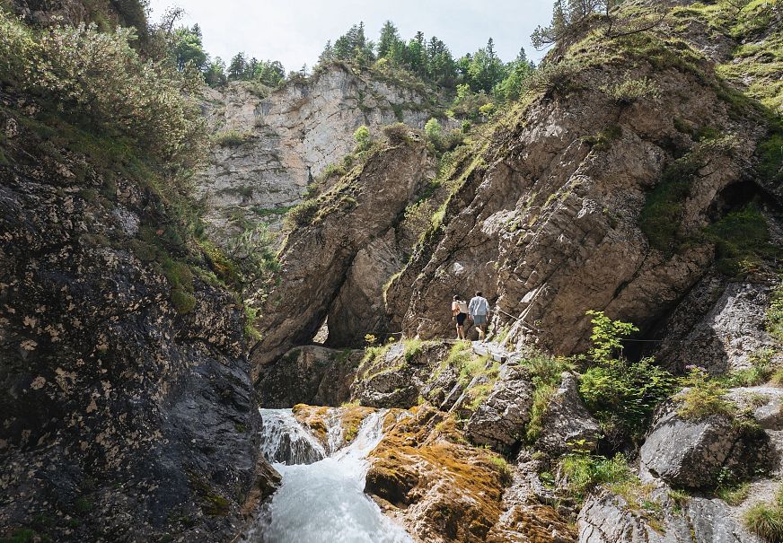 Rocky landscape with a stream flowing between cliffs, surrounded by greenery.