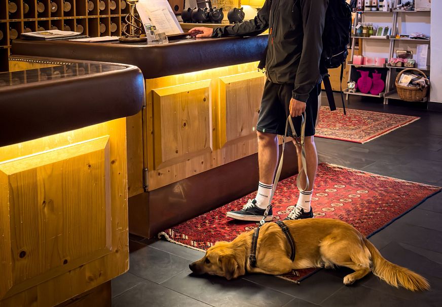 Mann mit Rucksack steht an einer Hotelrezeption.