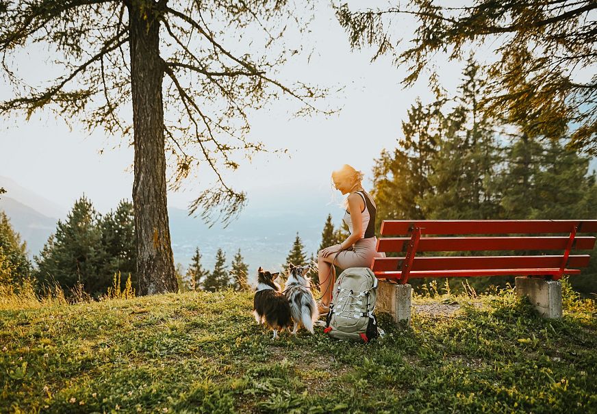 Frau mit zwei Hunden auf roter Bank in Waldlichtung. Berge im Hintergrund. Ideal zum Wandern in der Region Seefeld.