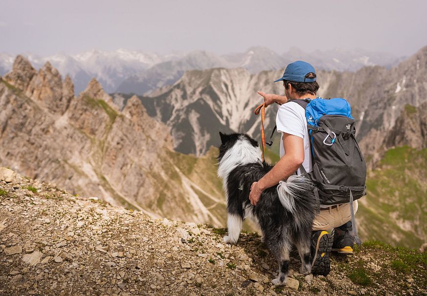 Ein Wanderer mit einem Hund steht an einem Gebirgskamm und schaut in die Ferne.