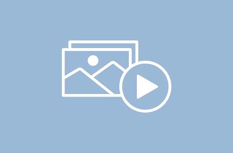 A pale blue background with outlines of two pictures and a play button.