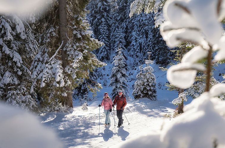Zwei Menschen wandern im verschneiten Wald der Region Seefeld. Ideal für Winterwandern.