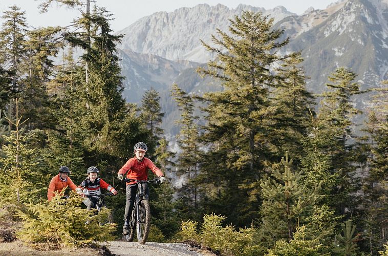Three mountain bikers riding through a forested trail with mountains in the background.