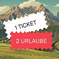 Illustration einer sommerlichen Berglandschaft mit Ticket für zwei Urlaube.