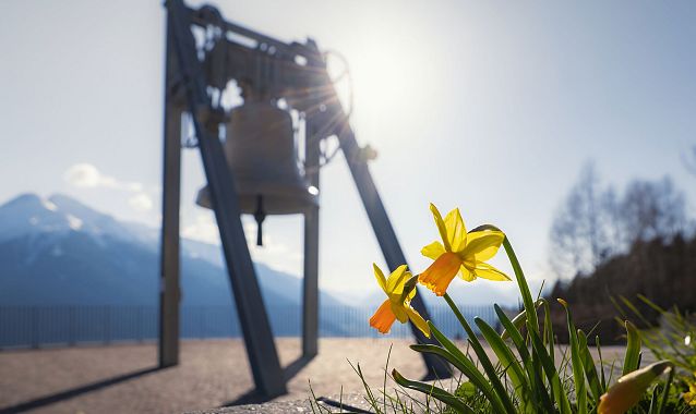 Friedensglocke Mösern mit gelben Blumen im Vordergrund und Bergen im Hintergrund.