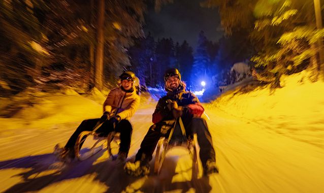 Nachtszene: Zwei Personen rodeln auf einem Schneepfad im Wald, beleuchtet von blau-gelbem Licht. Winteraktivität in der Region Seefeld.