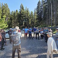 Eine Gruppe von Menschen steht auf einem Kiesplatz im Wald, umgeben von Bäumen und Autos, und hört einem Vortrag zu.