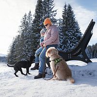 Winterwandern mit Hund im Wildmoos_zwei Frauen mit Hunden sitzen auf Holzliege bei Ferienheim-Lichtung